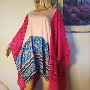 Poncho Sonoma Tee Pink Reworked Vibrant Colors Fringe OS Handcrafted Boho Top